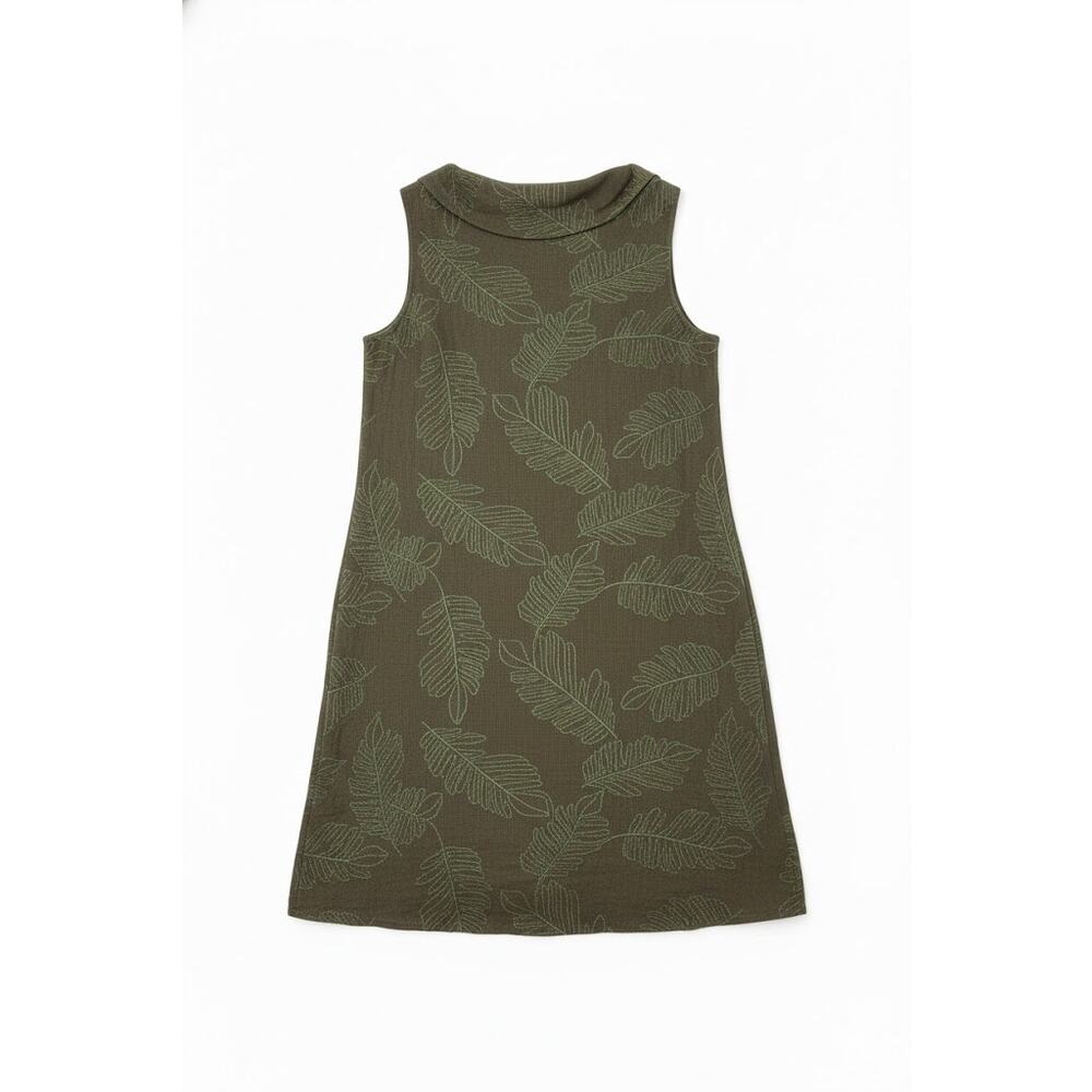 Lina Tomei Dark Olive Linen Shift Dress with Tropical Leaf Embroidery Coastal L - Picture 3 of 4